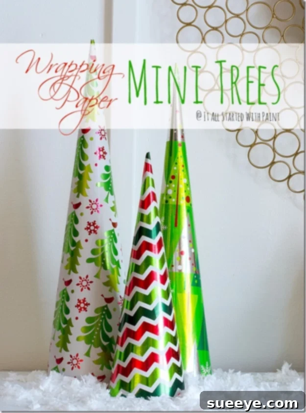 Decorative mini trees crafted from leftover wrapping paper, perfect for holiday home decor or party centerpieces.