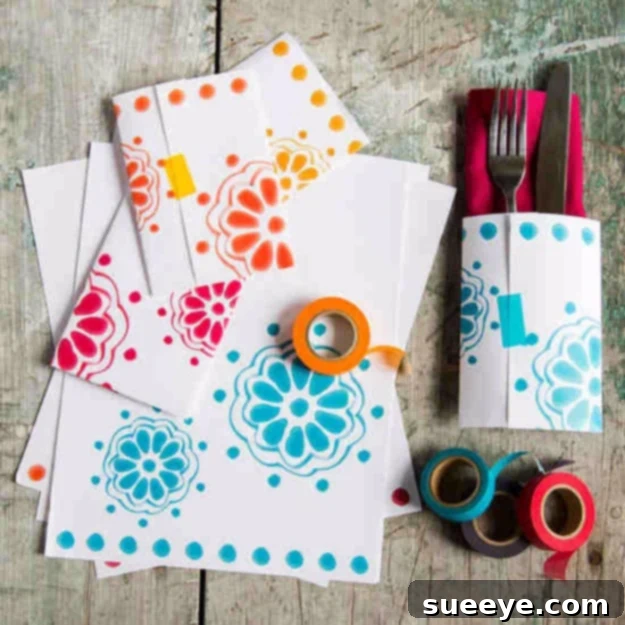 Stylish paper napkin pockets made from decorative paper, perfect for organizing silverware at a buffet.