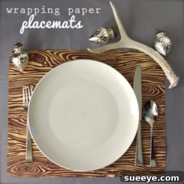 Budget-friendly placemats crafted from woodgrain wrapping paper, enhancing a holiday table setting.
