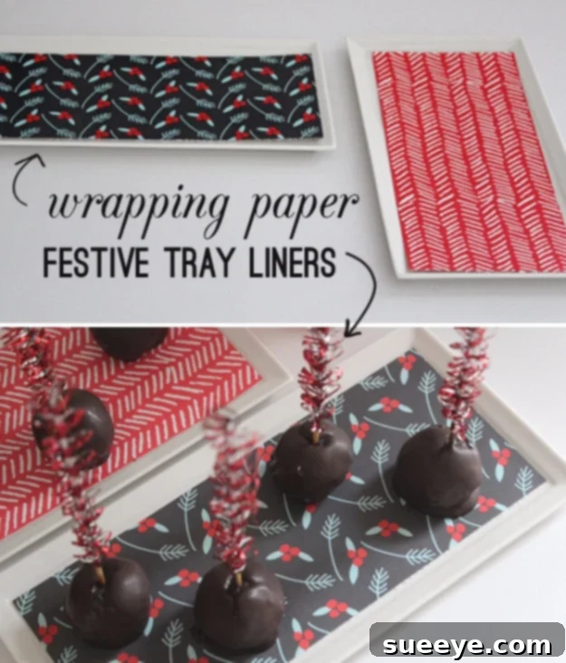 Plain serving trays enhanced with festive wrapping paper liners, perfect for holiday gatherings.