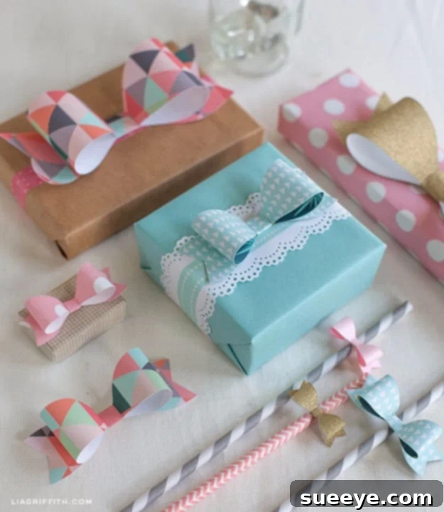 Variety of handmade paper bows in different sizes, crafted from patterned wrapping paper, perfect for gifts or decor.