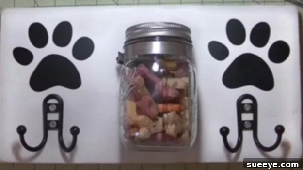 Mason Jar Dog Treat Holder - Pet Organization DIY DIY dog treat holder with a mason jar and leash hooks, creating an organized pet station.