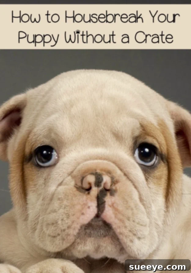 Housebreak Your Puppy Without a Crate - Training Alternatives Happy puppy sitting on a training pad, symbolizing crate-free housebreaking methods.