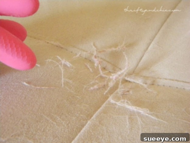 Best Way To De-Hair Your Couch - Pet Hair Removal Hack Close-up of a hand using a rubber glove to remove dog hair from a fabric couch.