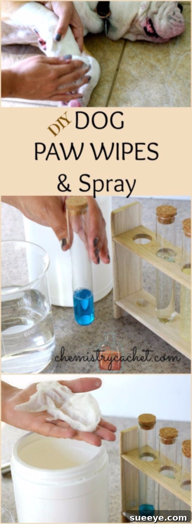 DIY Dog Paw Wipes And Spray - Pet Hygiene Solution DIY dog paw wipes and spray in containers, perfect for quick paw cleaning after walks.