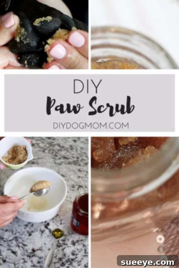 DIY Paw Scrub - Pet Pampering & Health DIY paw scrub in a jar with natural ingredients, used for cleaning and moisturizing dog paws.