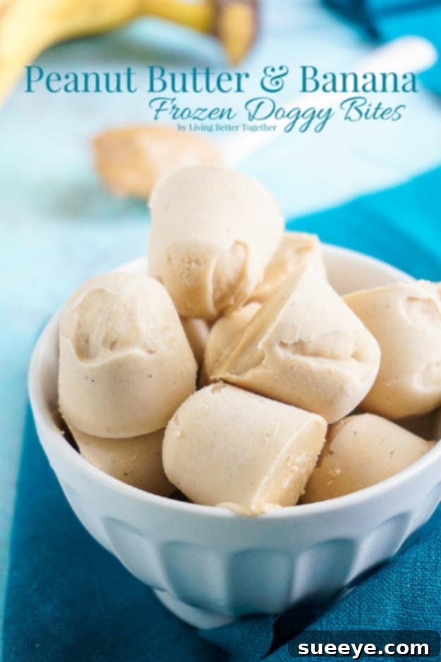 Peanut Butter Banana Frozen Doggy Bites - Cool Treats Peanut butter banana frozen doggy bites in bone and paw shapes, healthy and refreshing treats.