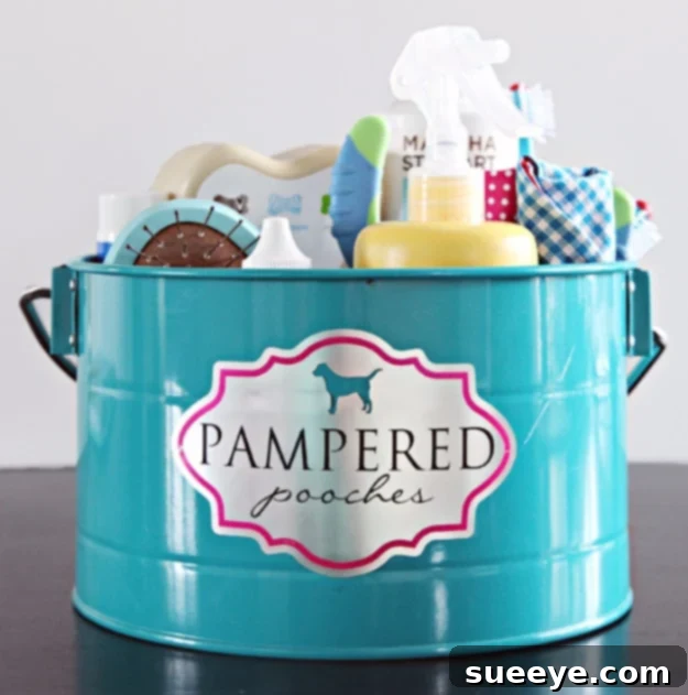 Create Grooming Caddy - Pet Organization Idea DIY pet grooming caddy filled with dog shampoo, brushes, and grooming tools for easy organization.
