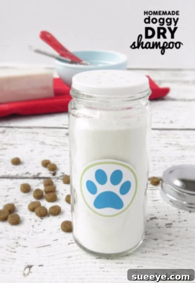 DIY Dry Shampoo For Dogs - Easy Grooming Solution Homemade dry shampoo for dogs in shakers with ingredients like baking soda and cornstarch.