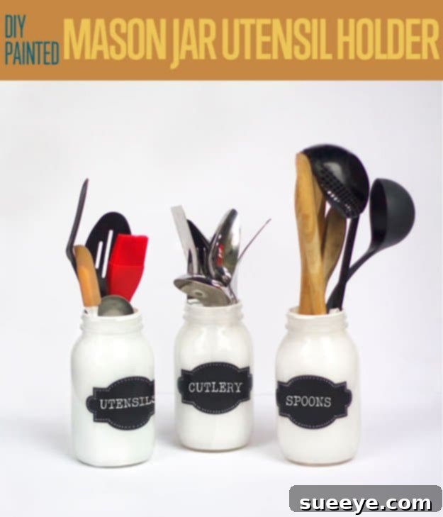 Painted Mason Jar Utensil Holder Painted Mason jars repurposed as decorative kitchen utensil holders.