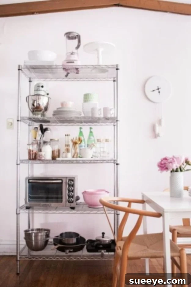 Open Wire Kitchen Shelving Open wire shelves styled with kitchen essentials and decorative items.