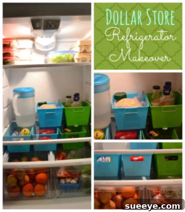 Dollar Store Refrigerator Organization Refrigerator organized with dollar store bins for categorized food storage.