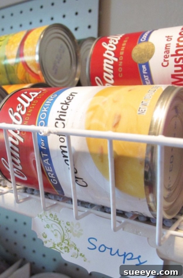 Canned Food Organizer Tiered system for organized canned food storage in a pantry.