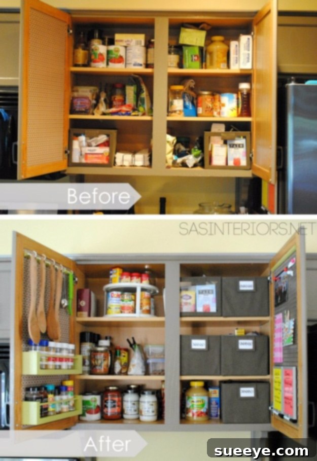 Cabinet Door Organizers Inside cabinet door organization with hooks and small racks for kitchen items.