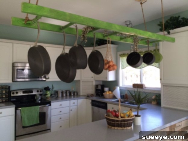 DIY Hanging Ladder Pot Rack Old ladder repurposed into a hanging pot rack in a kitchen.
