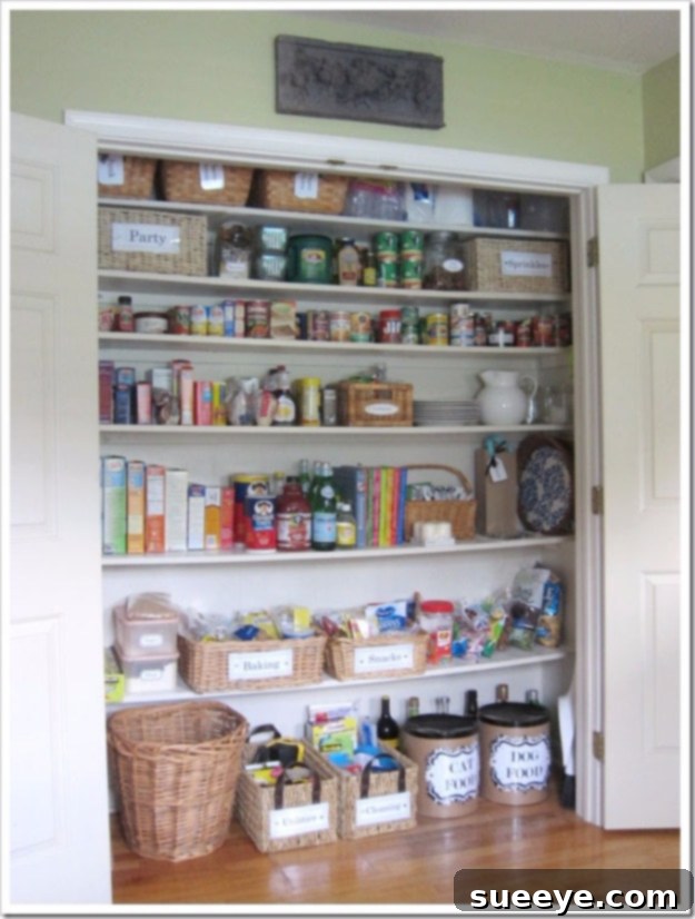 Closet to Pantry Conversion Coat closet transformed into a well-organized kitchen pantry with shelves.