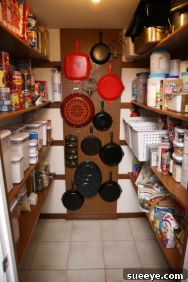 Pantry Hanging Storage Pantry organization using hooks to hang items, maximizing vertical space.