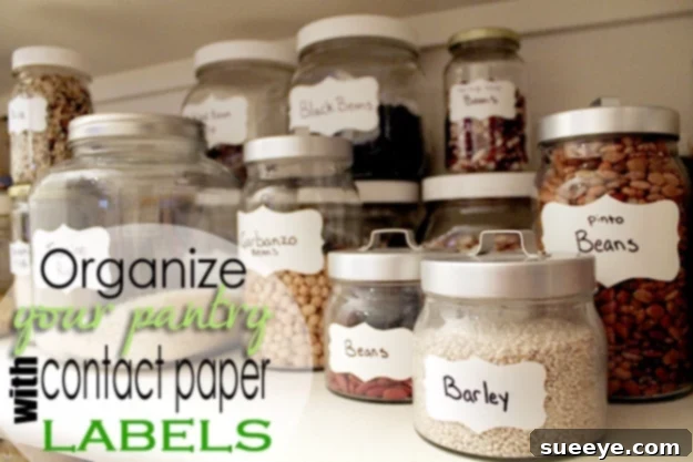 Glass Jar Pantry Organization Pantry organized beautifully with clear glass jars for dry food storage.