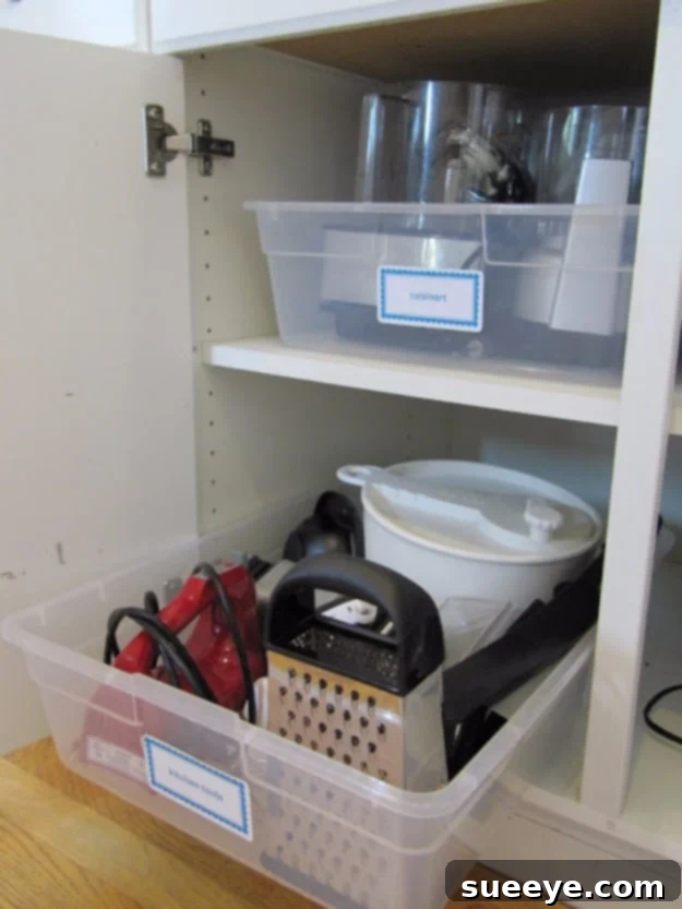 Pretend Pull-Out Cabinet Storage Kitchen cabinet organized with bins that act as 'pretend pull-outs' for easy access.