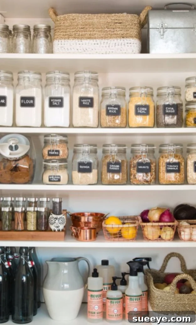Pantry Organization Neatly organized pantry with clear containers, labels, and categorized food items.