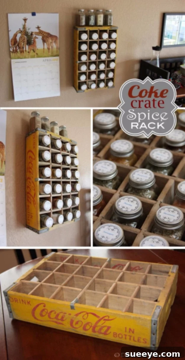 Vintage Coca-Cola Crate Spice Rack Vintage Coca-Cola crate repurposed as a wall-mounted spice rack.