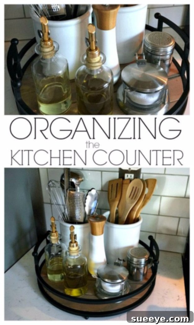 Kitchen Countertop Organization Neatly organized kitchen counter with essentials grouped on a tray.
