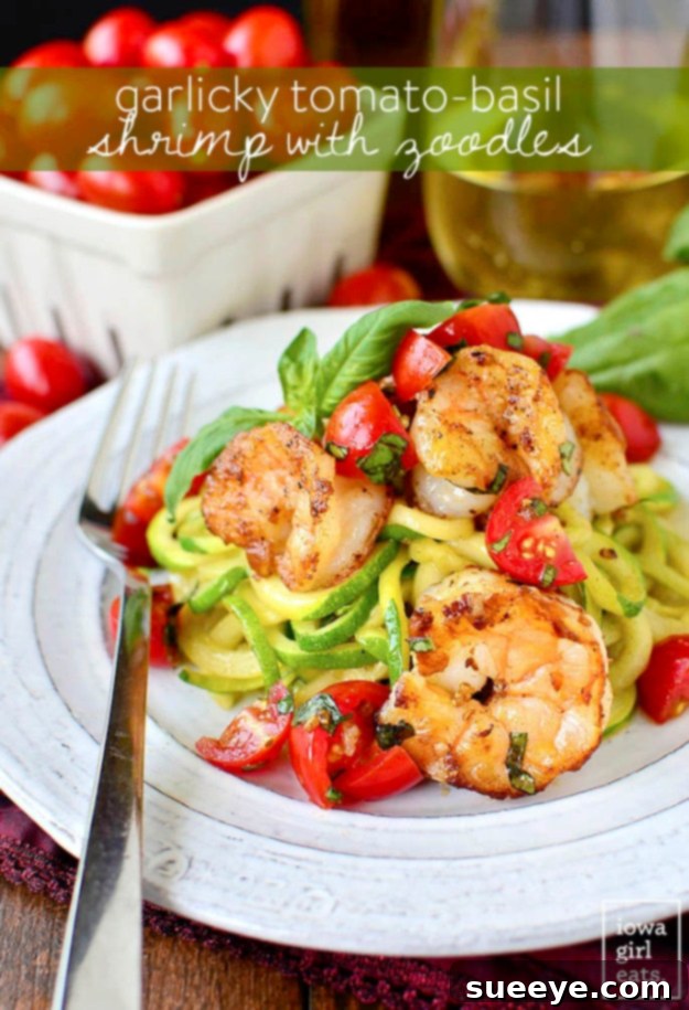 Garlicky Shrimp with Zoodles - Low-Carb & Flavorful Garlicky Tomato-Basil Shrimp with Zoodles - healthy low-carb seafood dinner