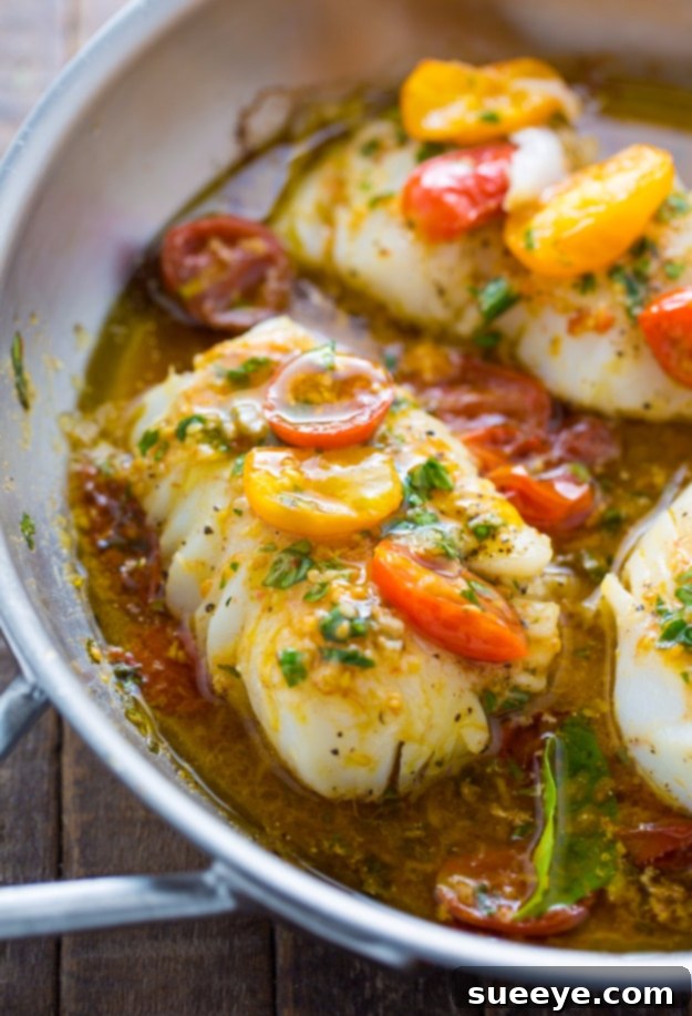 Pan Seared Cod - Elegant & Quick Pan Seared Cod In White Wine Tomato Basil Sauce - elegant and healthy seafood dinner