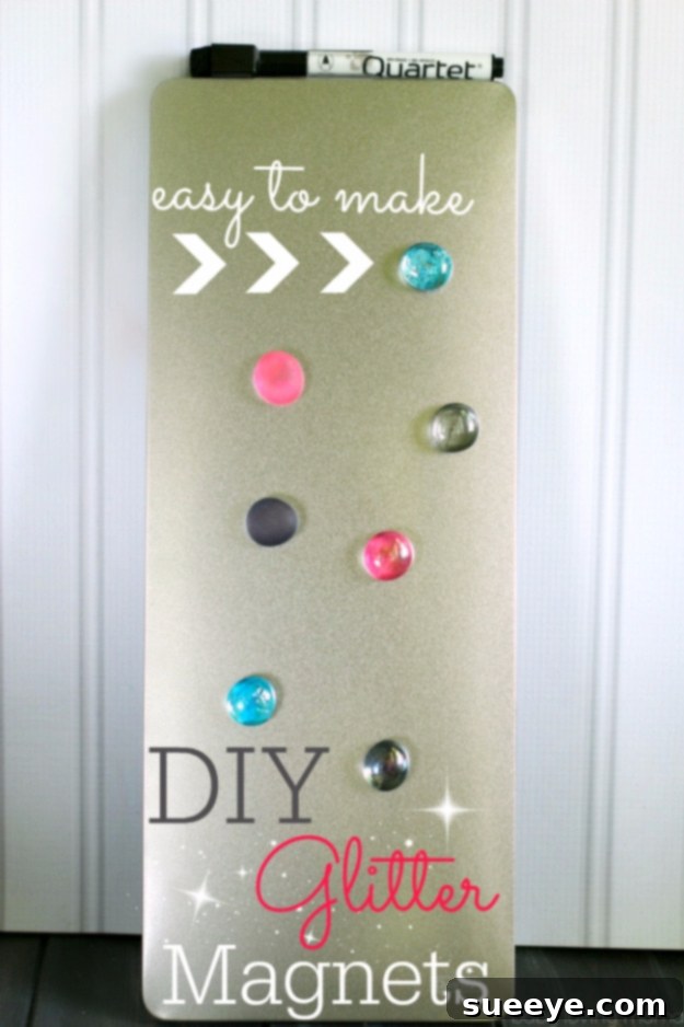 Homemade Glitter Magnets with Nail Polish Sparkling DIY glitter magnets in various colors, crafted using nail polish