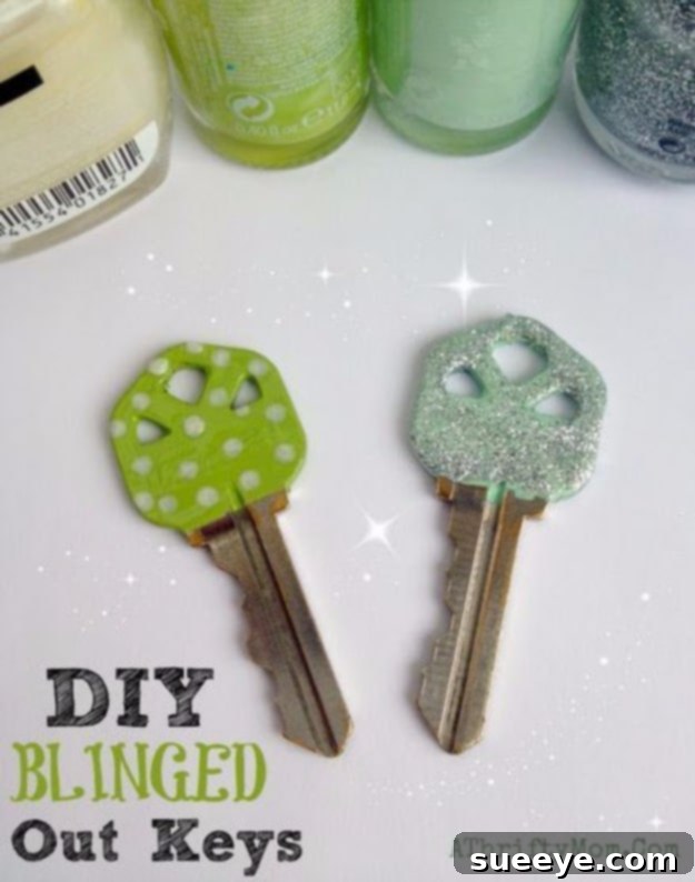 DIY Blinged Keys with Nail Polish Set of house keys beautifully blinged out with colorful, sparkly nail polish
