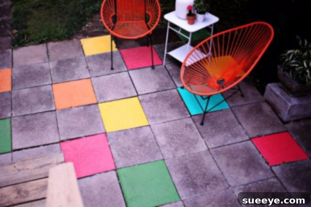 Painted Patio Tiles - Outdoor Floor Design Vibrantly painted patio tiles adding color and pattern to an outdoor floor