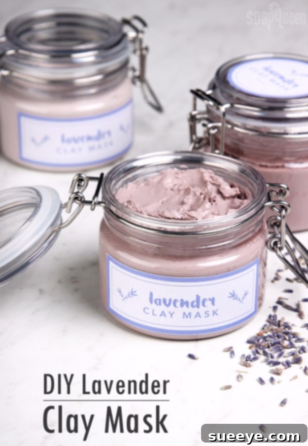 Homemade Lavender Clay Face Mask DIY Lavender Clay Face Mask in a bowl with lavender sprigs