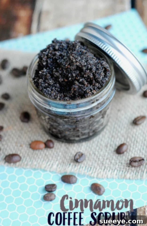 DIY Cinnamon Coffee Scrub Cinnamon Coffee Scrub in a glass jar with fresh coffee beans