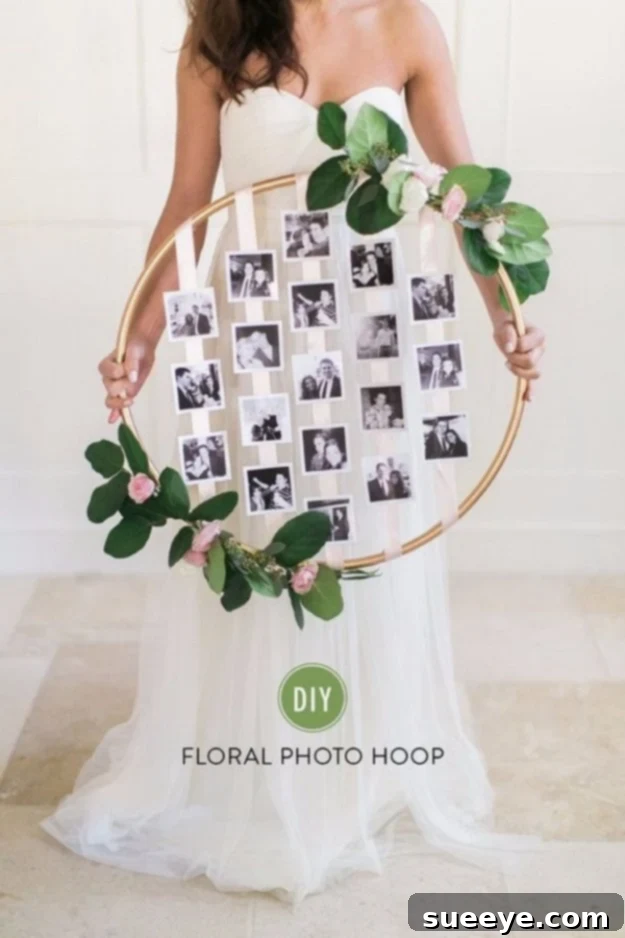 DIY Floral Photo Hoop: A whimsical and romantic photo display Elegant DIY Floral Photo Hoop featuring a central photograph