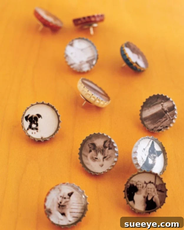 Bottle-Cap Magnets and Thumbtacks: Tiny and charming photo displays Assortment of DIY Bottle-Cap Magnets and Thumbtacks with mini photos