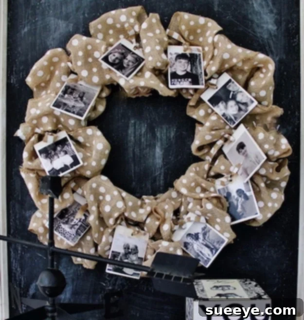 Burlap Photo Wreath: Charming rustic display for family photos Rustic Burlap Photo Wreath adorned with family pictures