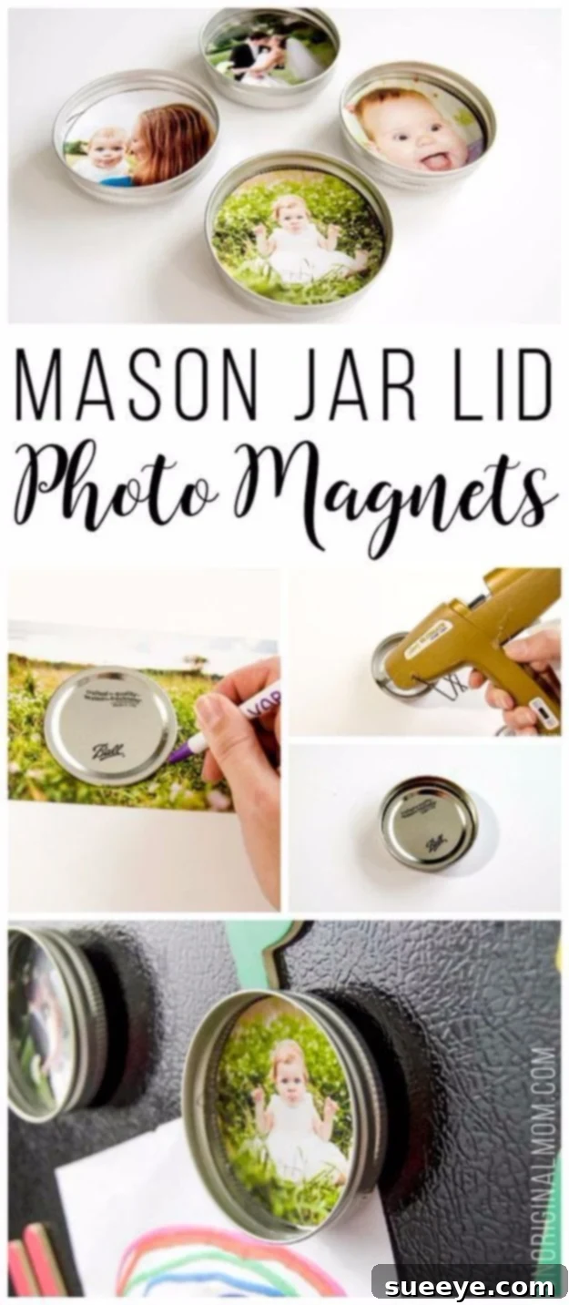 Upcycled Mason Jar Photo Lid Magnets: Cute and functional fridge decor Colorful Upcycled Mason Jar Photo Lid Magnets on a metallic surface