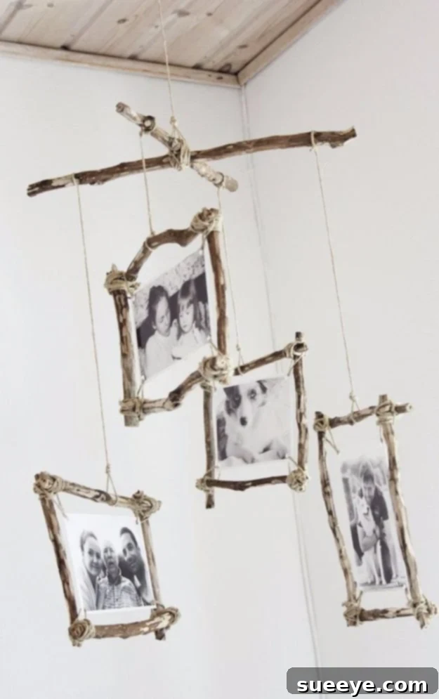 DIY Rustic Photo Mobile: Whimsical and airy photo display Charming DIY Rustic Photo Mobile with hanging family pictures