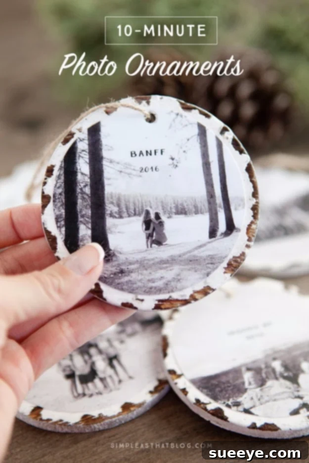 10 Minute Photo Ornaments: Quick and personalized holiday decor Easy 10 Minute Photo Ornaments hanging on a festive tree