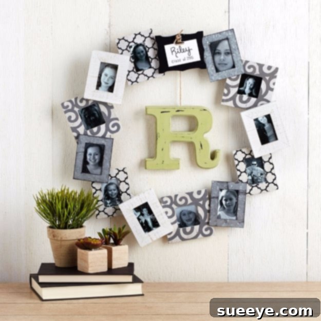Personalized Photo Frame Wreath: A welcoming display for cherished moments Personalized Photo Frame Wreath made with multiple small frames