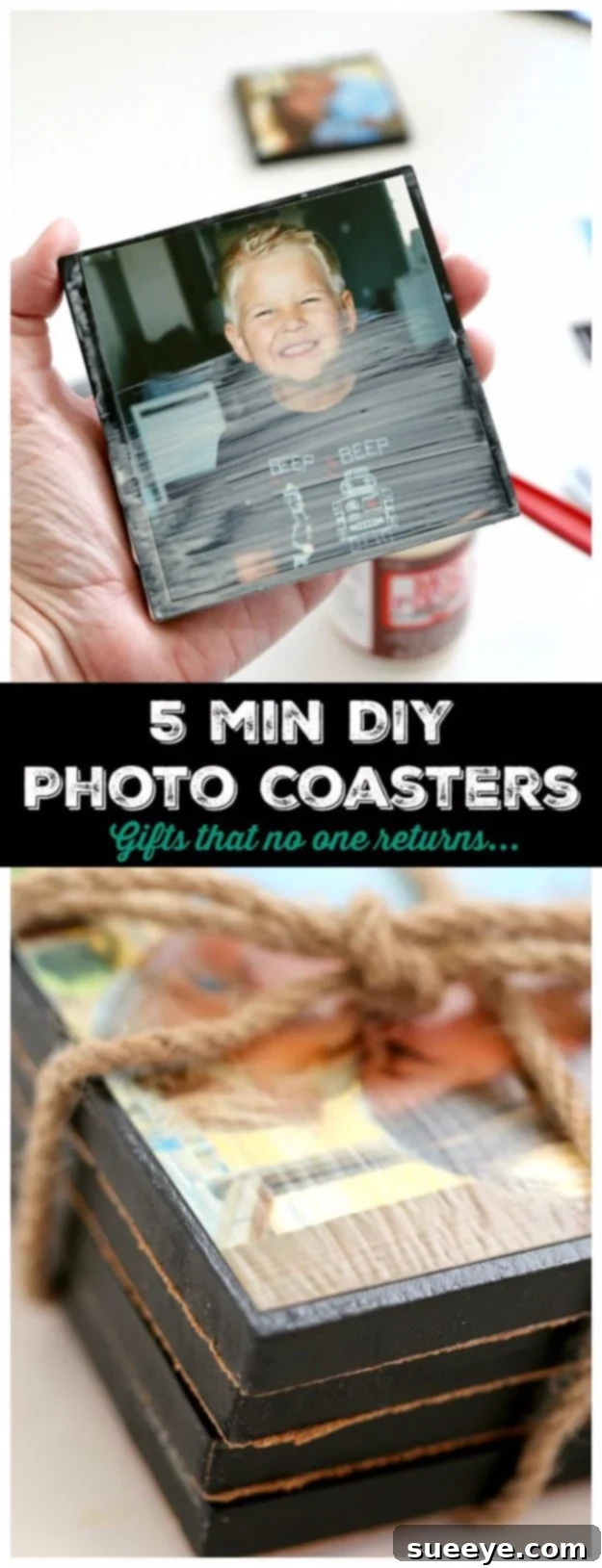 5 Minute DIY Photo Coasters: Easy and practical photo display Quick 5 Minute DIY Photo Coasters protecting a table surface