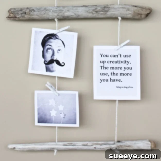 DIY Driftwood Photo Display: A natural and charming way to showcase photos Rustic DIY Driftwood Photo Display with pictures clipped to strings