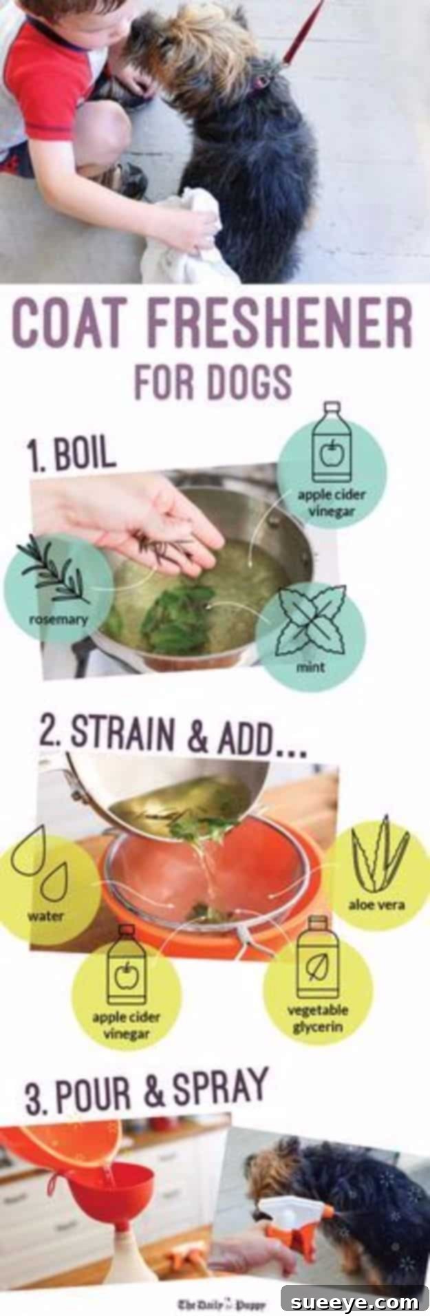 DIY Dog Grooming: Coat Freshener Recipe Homemade natural coat freshener for dogs, a DIY solution to keep pets smelling good between baths and reduce pet odors in the home.