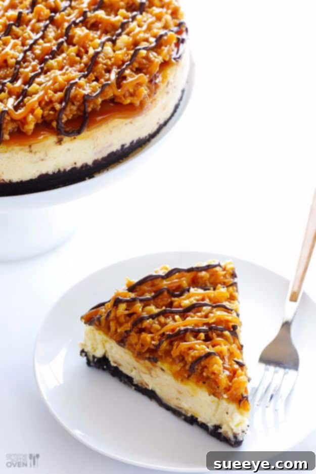 Samoa Cheesecake: Creative Dessert Idea Samoa Cheesecake, inspired by the popular cookie, with coconut, caramel, chocolate