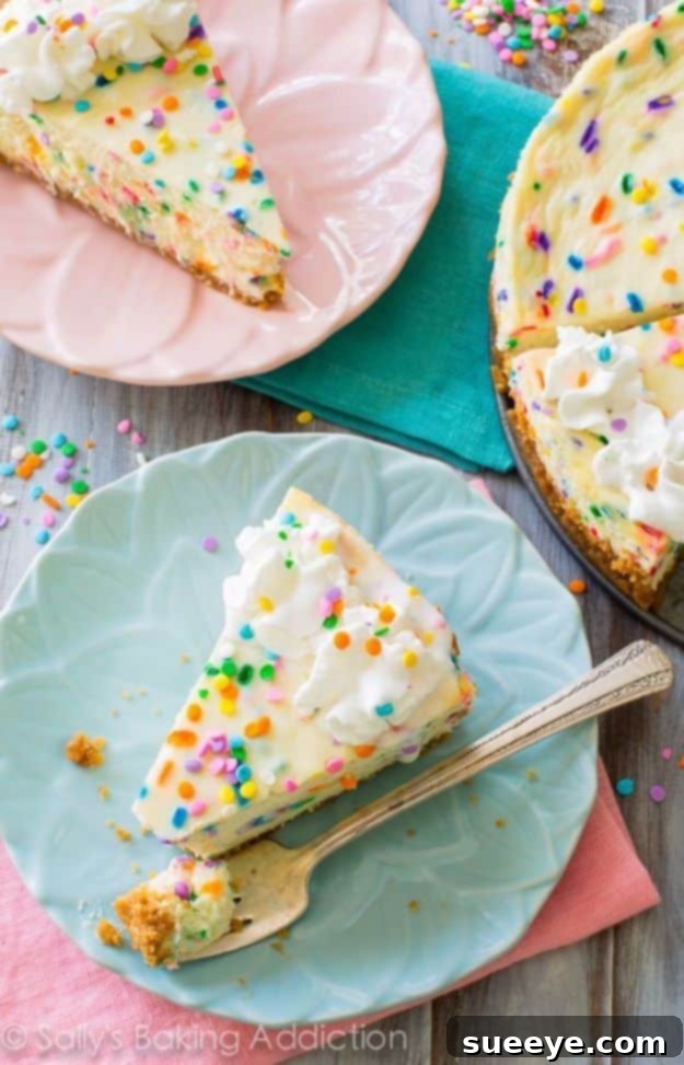 Funfetti Cheesecake: Festive Birthday Dessert Vibrant Funfetti Cheesecake with colorful sprinkles for celebrations