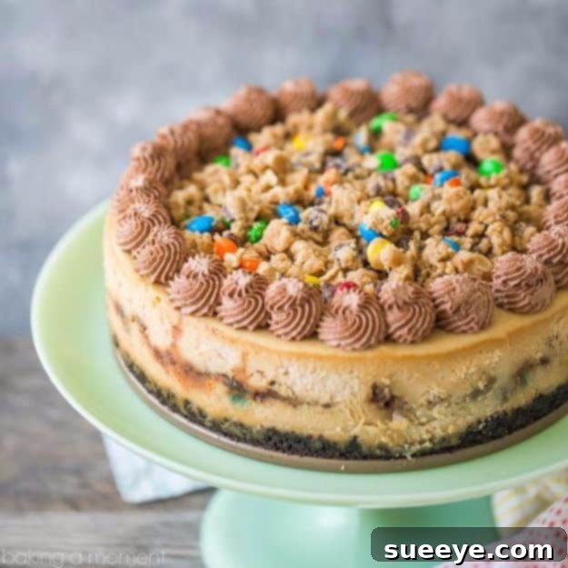 Monster Cookie Dough Cheesecake: Fun & Easy Dessert Playful Monster Cookie Dough Cheesecake with oats, chocolate chips, M&M's, peanut butter