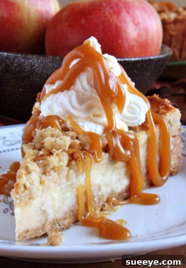 Caramel Apple Crisp Cheesecake: Seasonal Delight Autumnal Caramel Apple Crisp Cheesecake with spiced apples and oat crisp