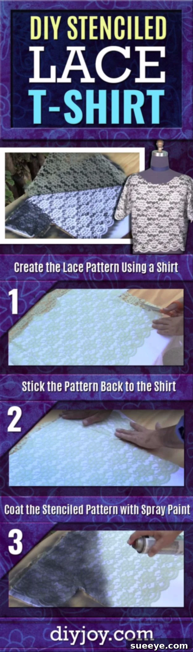 DIY Stenciled Lace T-Shirt with Fabric Spray Paint Fashionable DIY t-shirt featuring a delicate lace stencil pattern applied with fabric spray paint for a custom look