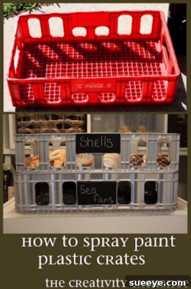 Plastic Crate Revamp with Spray Paint Plain plastic storage crate elegantly spray painted for a decorative and functional update in a home setting