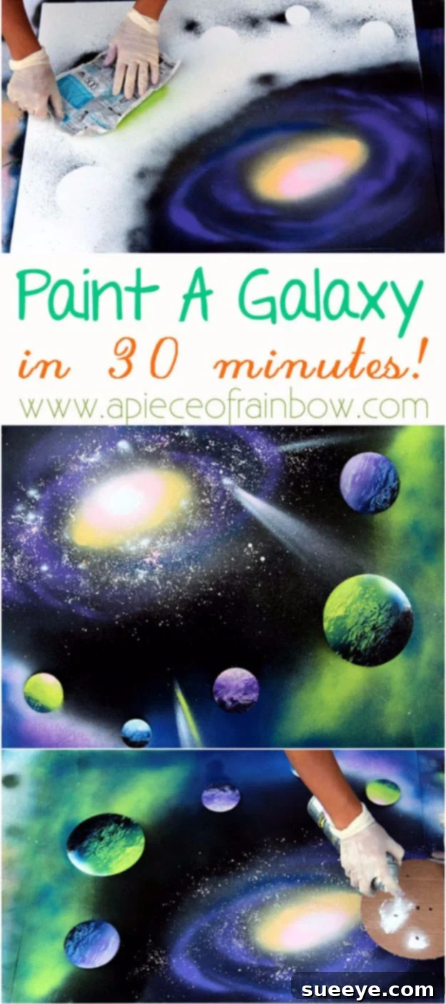 Spray Paint Galaxy Art: 30-Minute DIY Vibrant and detailed galaxy artwork created rapidly using spray paint techniques on a dark canvas